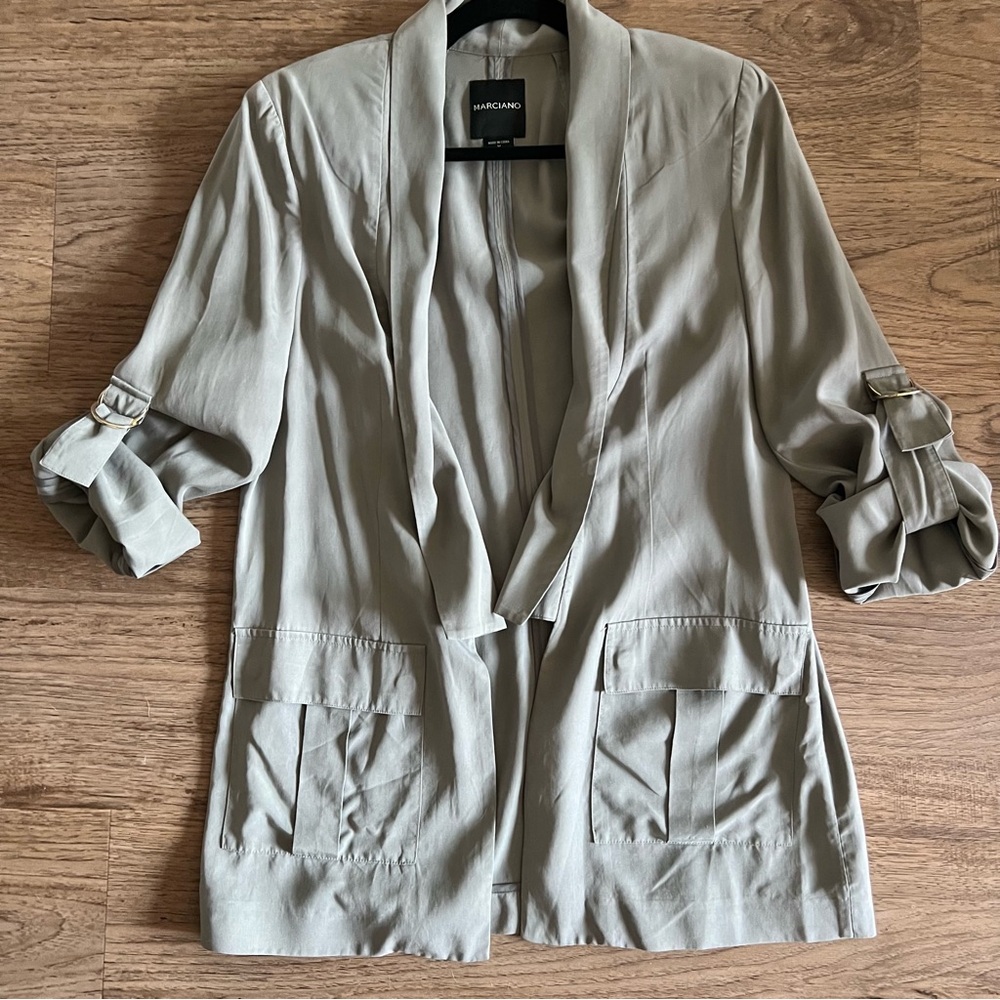 Marciano Lyocell Grey Blazer | Open Front Lightweight Jacket | Roll Sleeve